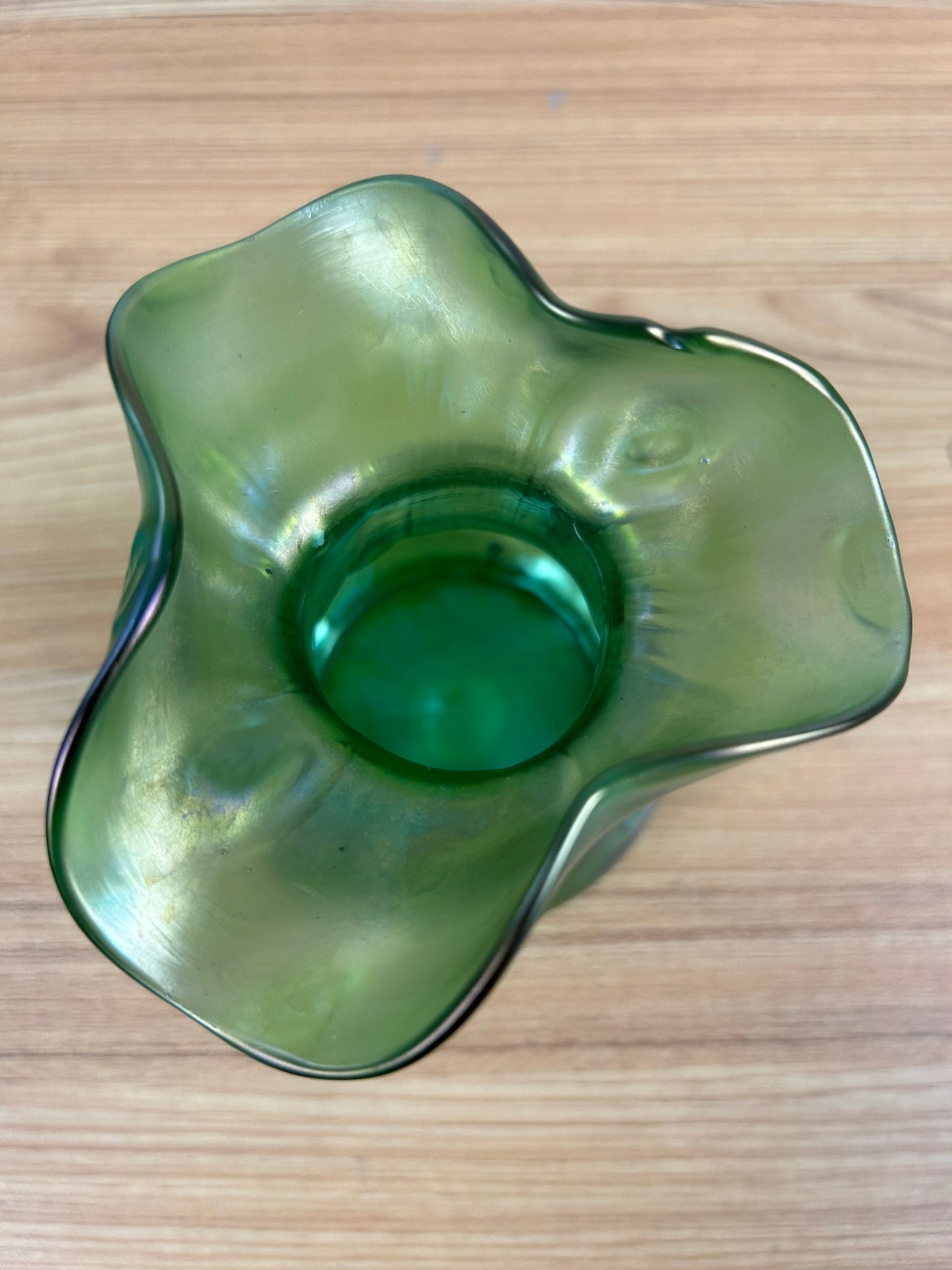 Loetz Art Glass Vase Czech Green Iridescent Crete Rusticana Bohemian Nouveau