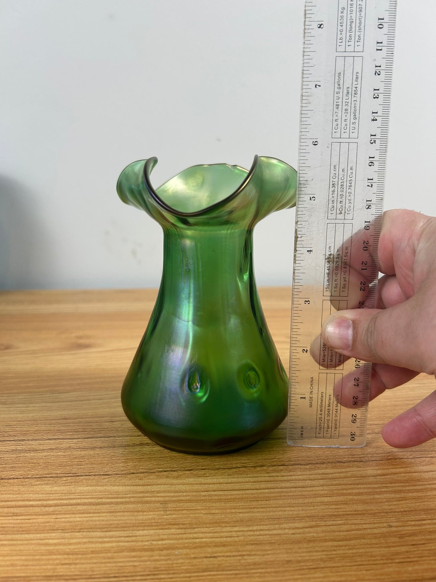 Loetz Art Glass Vase Czech Green Iridescent Crete Rusticana Bohemian Nouveau