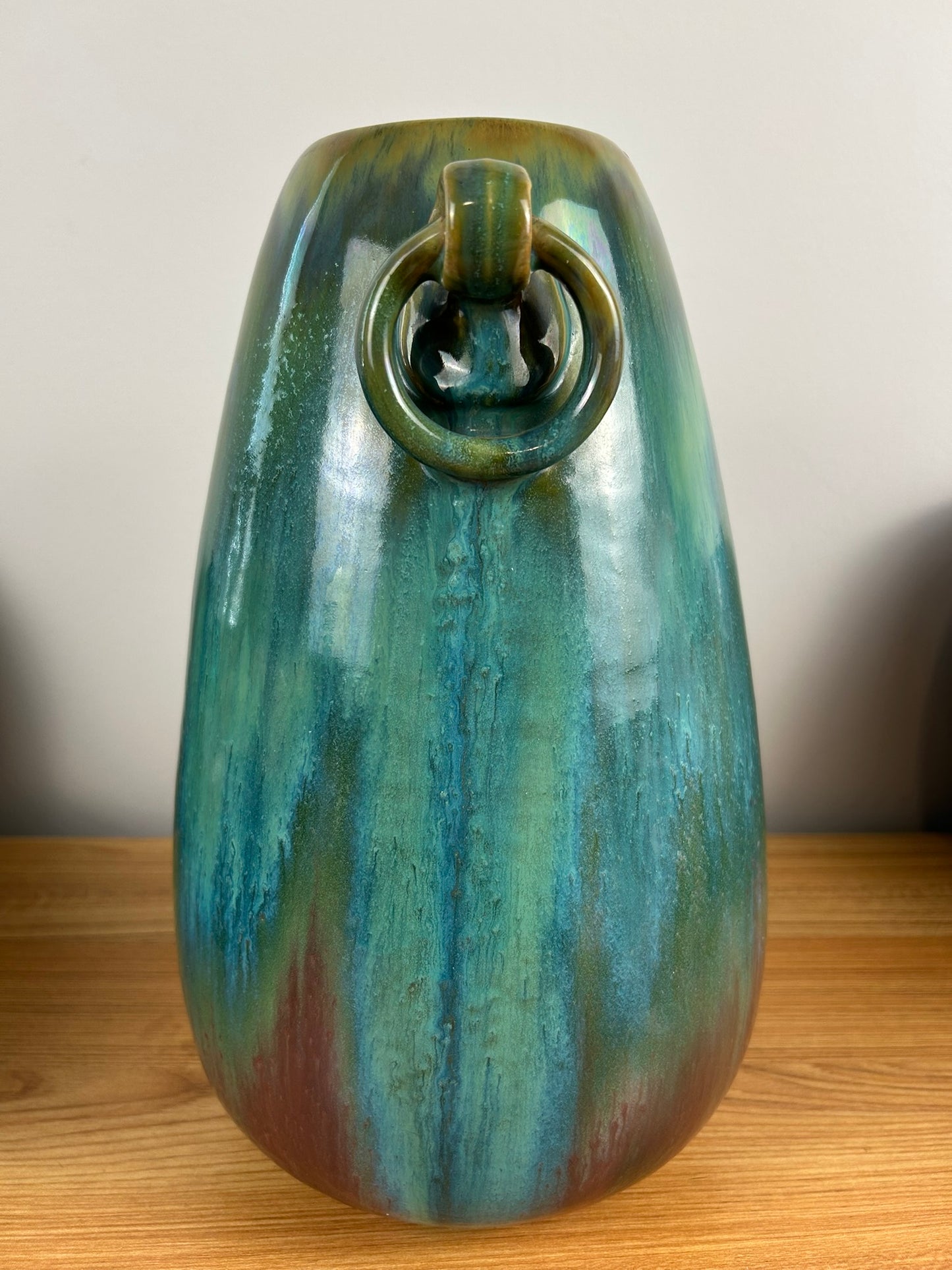 FULPER POTTERY LARGE ARTS & CRAFTS 13" ROSE & GREEN RING HANDLE VASE
