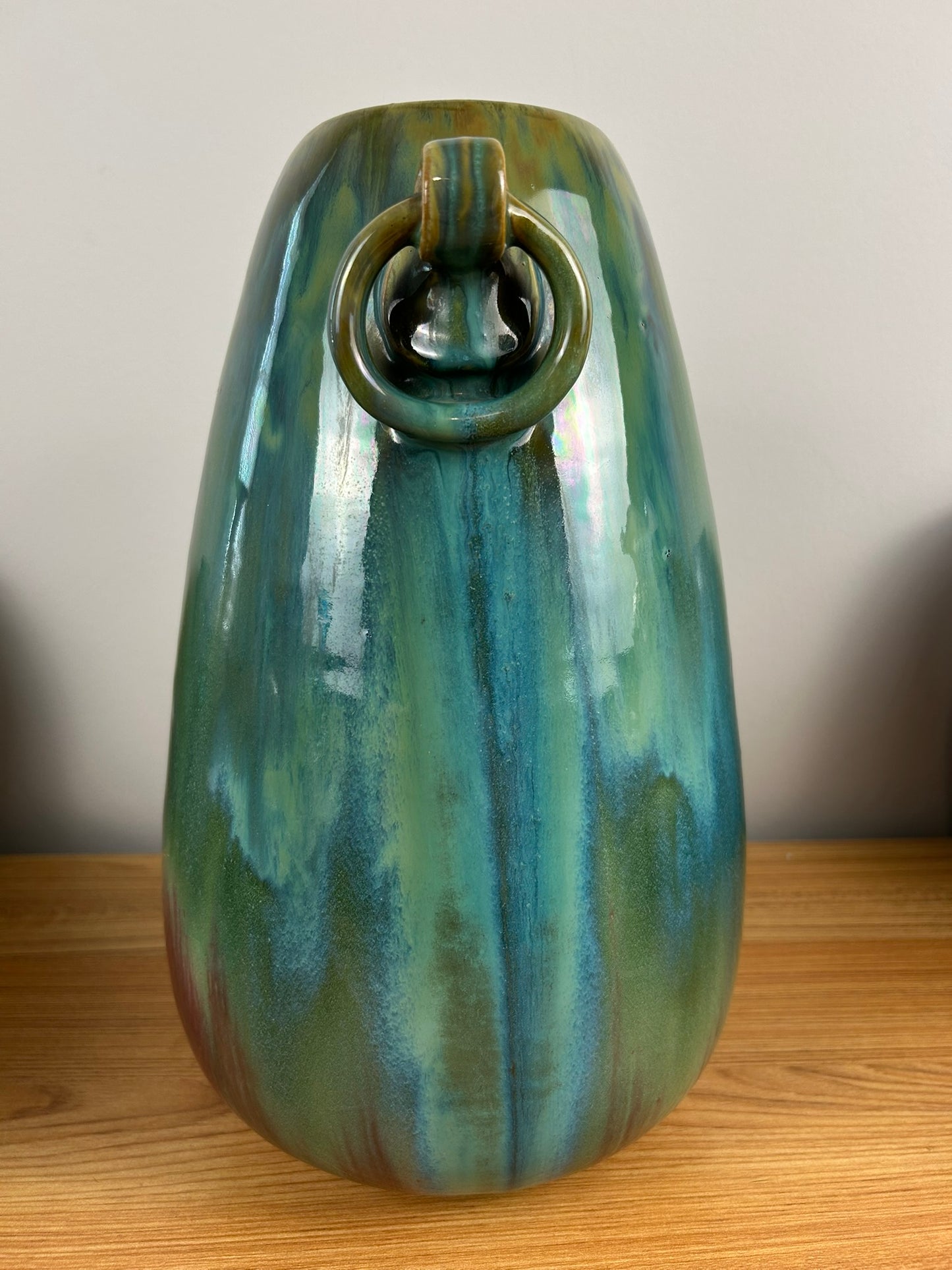 FULPER POTTERY LARGE ARTS & CRAFTS 13" ROSE & GREEN RING HANDLE VASE