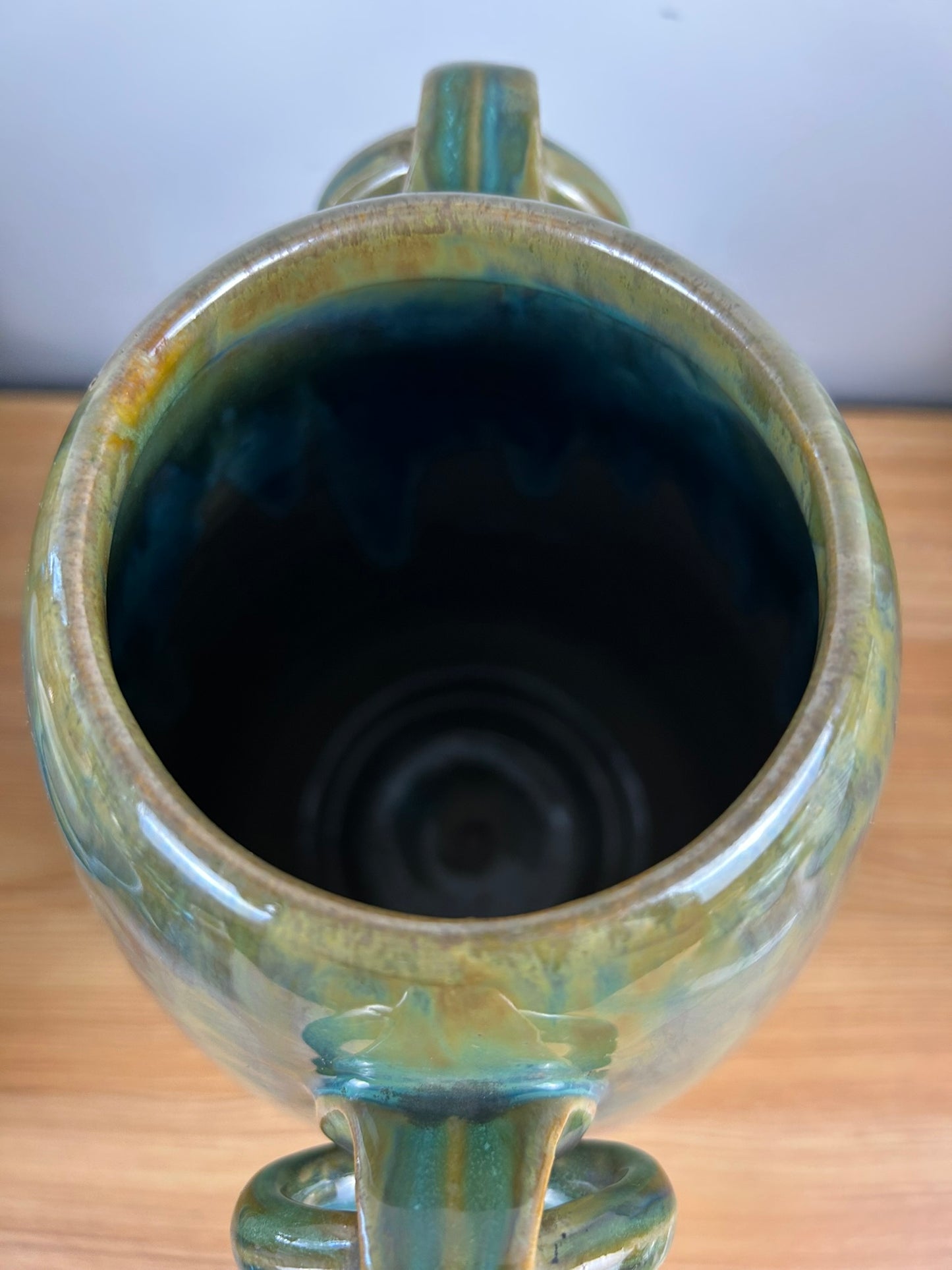FULPER POTTERY LARGE ARTS & CRAFTS 13" ROSE & GREEN RING HANDLE VASE