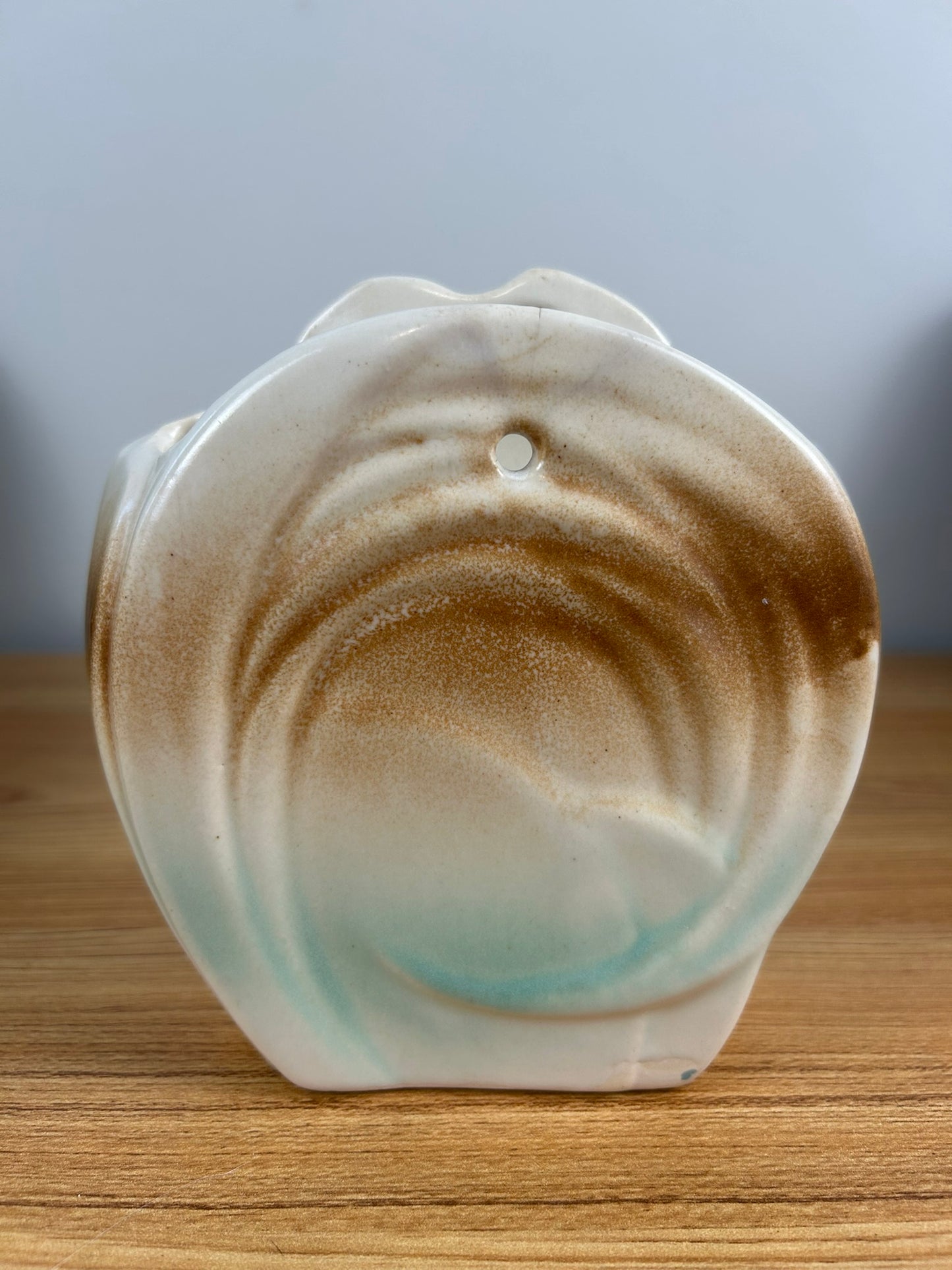 Vintage 1940s McCoy Art Pottery Flower Wall Pocket Rustic Line Green & Beige