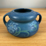 Weller Fru Russet 1900s Art Pottery Blue Mottled Glaze Floral Handled Squat Vase
