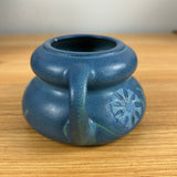Weller Fru Russet 1900s Art Pottery Blue Mottled Glaze Floral Handled Squat Vase
