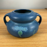 Weller Fru Russet 1900s Art Pottery Blue Mottled Glaze Floral Handled Squat Vase