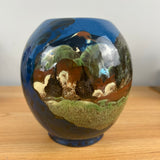 Peters And Reed 1920s Art Pottery Blue Marbleized Scenic Decorated Bulbous Vase