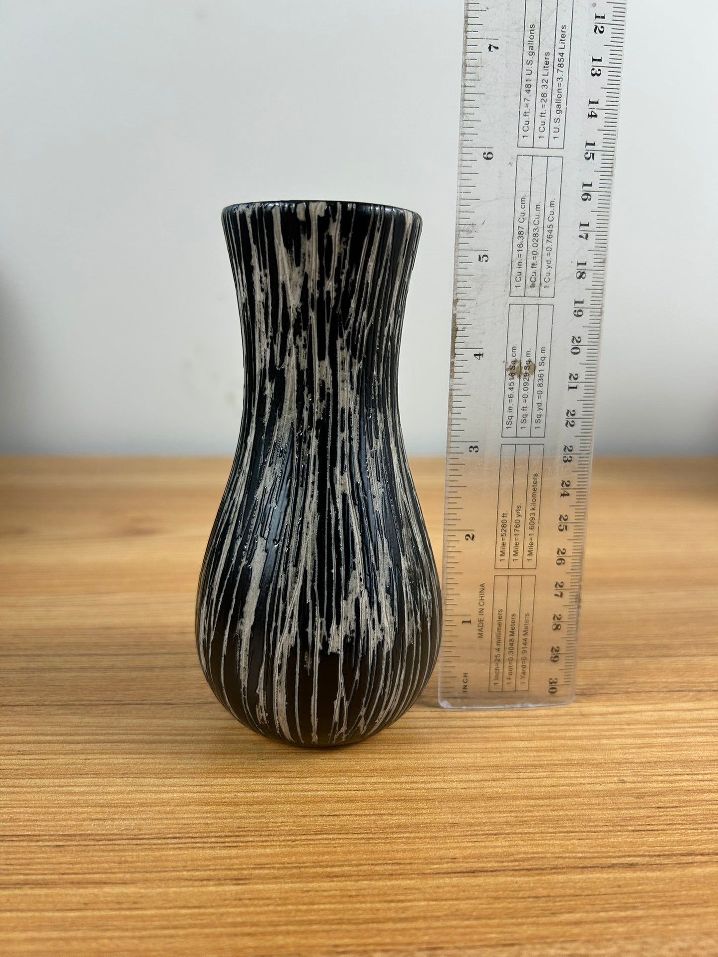 Pigeon Forge Art Pottery MCM Black Gray Textured Striped Bud Vase