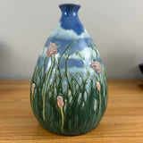 Tim Eberhardt 2001 Art Pottery Green Grass & Pink Floral In Relief Blue Vase 511