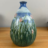 Tim Eberhardt 2001 Art Pottery Green Grass & Pink Floral In Relief Blue Vase 511
