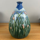 Tim Eberhardt 2001 Art Pottery Green Grass & Pink Floral In Relief Blue Vase 511