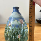 Tim Eberhardt 2001 Art Pottery Green Grass & Pink Floral In Relief Blue Vase 511