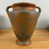 Burley WInter 1930s Vintage Art Pottery Mottled Green and Orange Handled Vase # 45