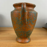 Burley WInter 1930s Vintage Art Pottery Mottled Green and Orange Handled Vase # 45