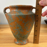 Burley WInter 1930s Vintage Art Pottery Mottled Green and Orange Handled Vase # 45