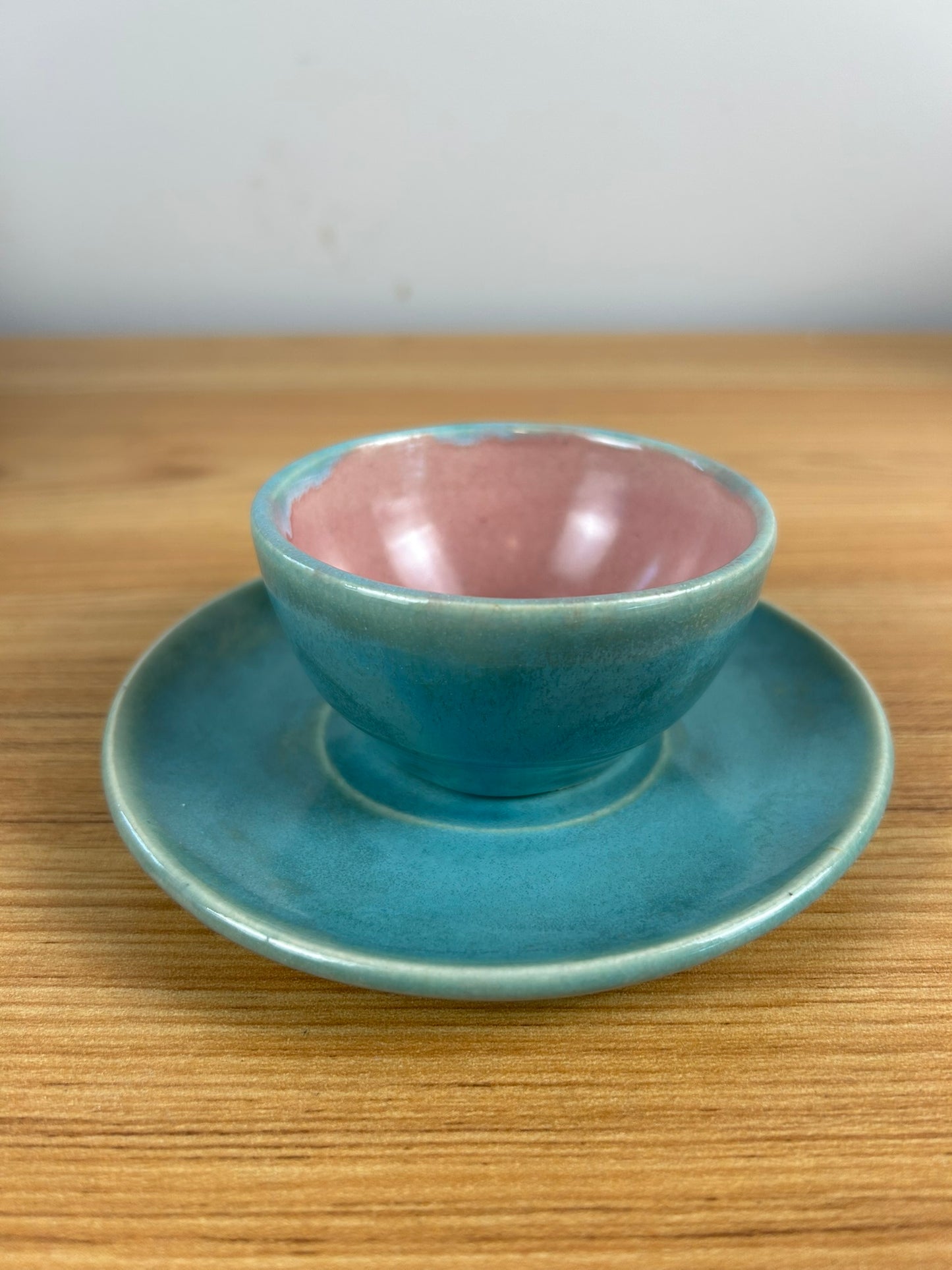 Pisgah Forest Art Pottery Blue & Pink Small Teacup & Saucer