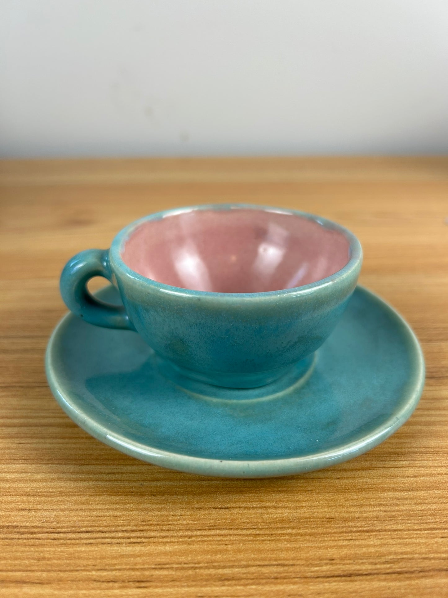 Pisgah Forest Art Pottery Blue & Pink Small Teacup & Saucer