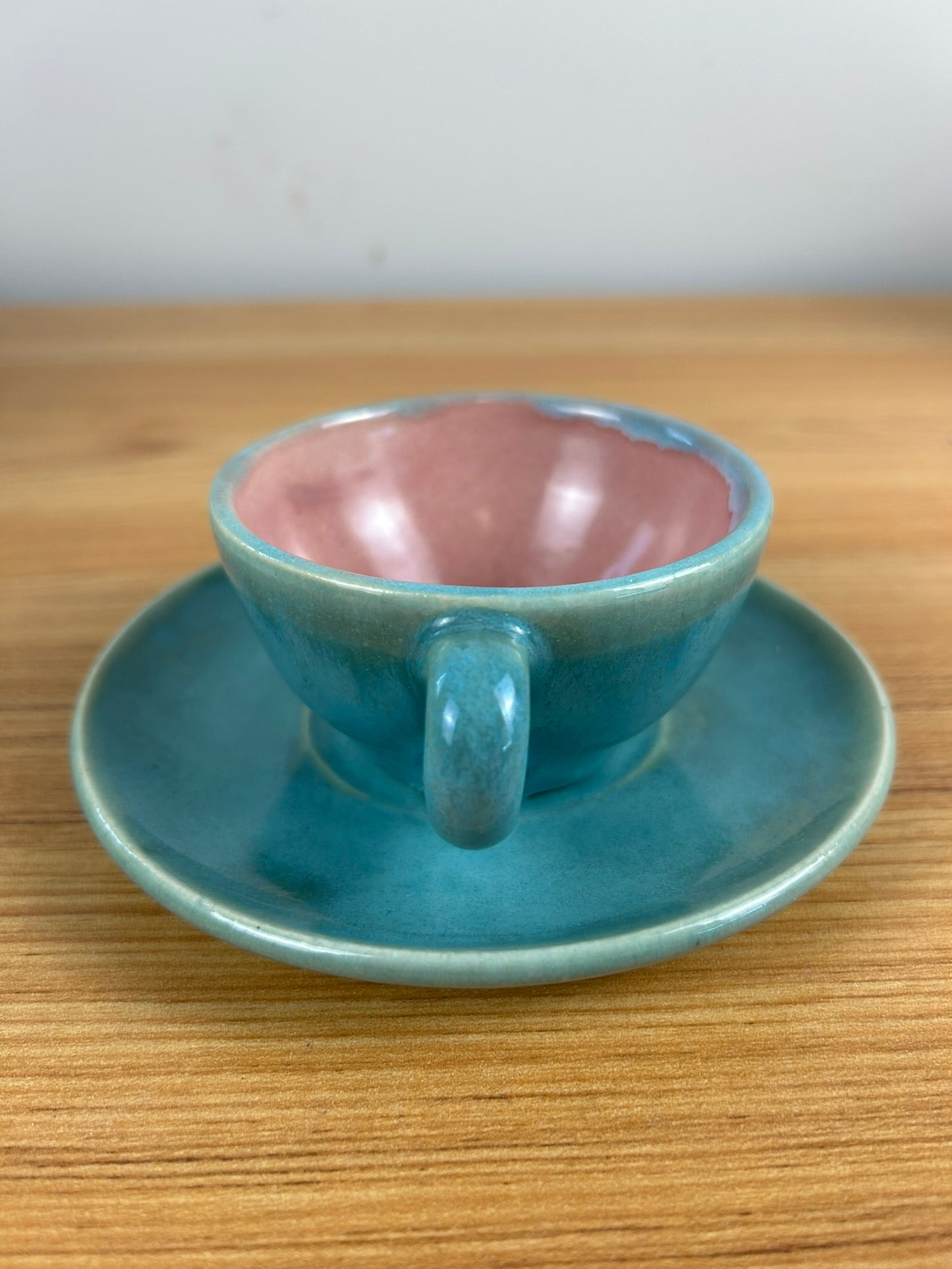Pisgah Forest Art Pottery Blue & Pink Small Teacup & Saucer