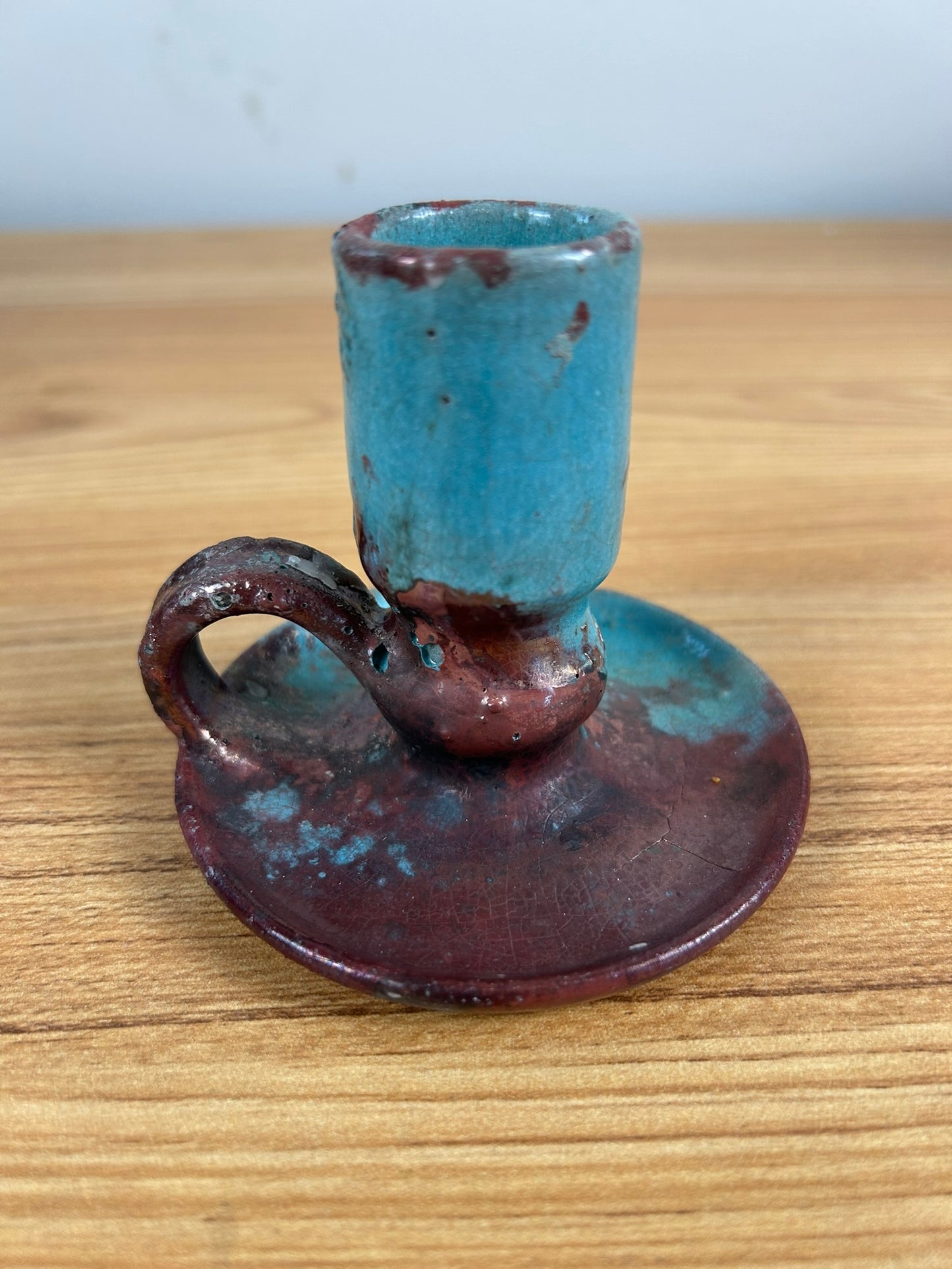 AR Cole North Caroline Art Pottery Turquoise & Red Candle Holder Pewabic Style Glaze