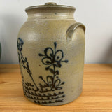 R H Diebbol Salt Glazed Stoneware Lidded Crock Jar With Woman Gardening Motif