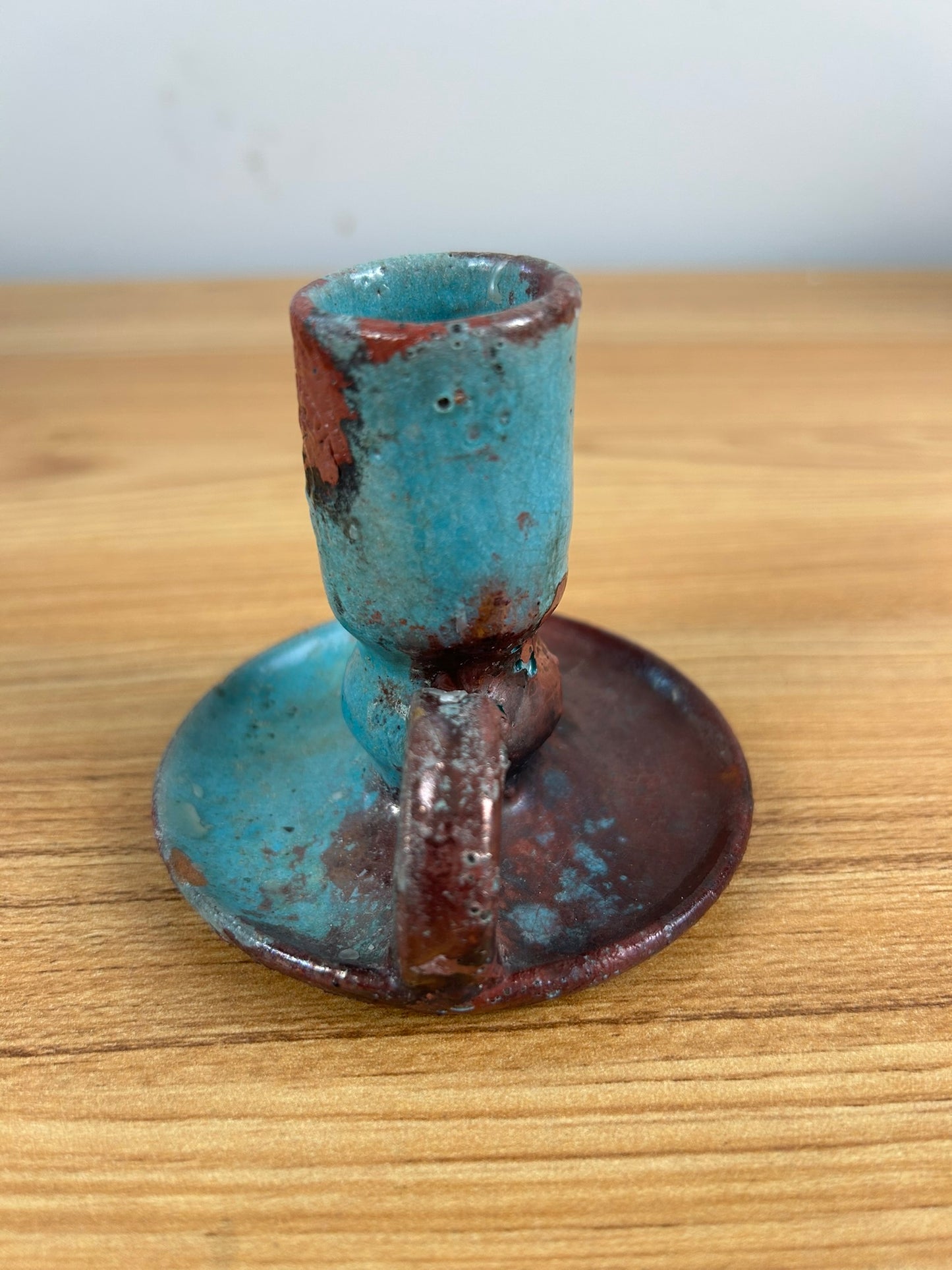 AR Cole North Caroline Art Pottery Turquoise & Red Candle Holder Pewabic Style Glaze