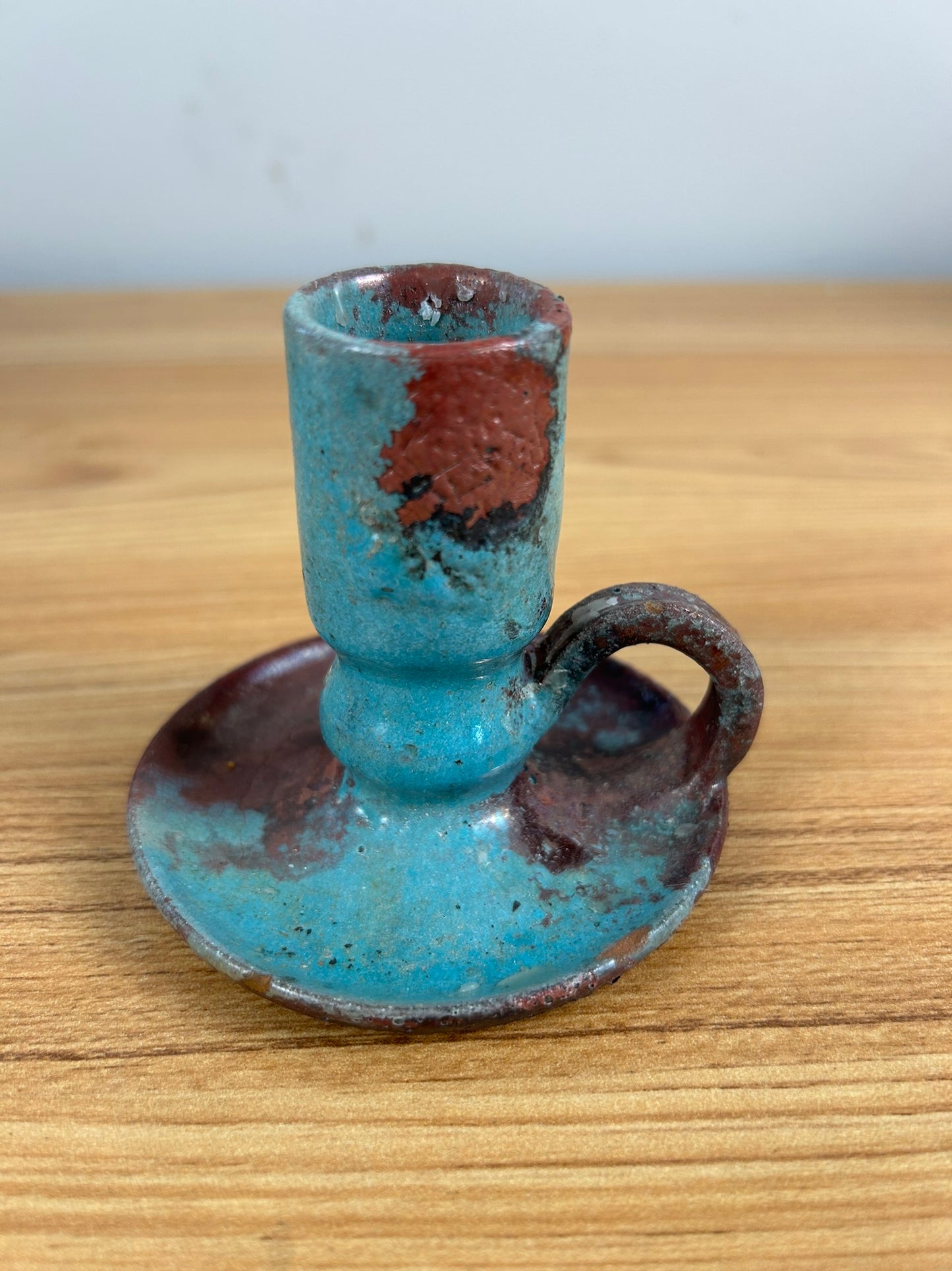 AR Cole North Caroline Art Pottery Turquoise & Red Candle Holder Pewabic Style Glaze