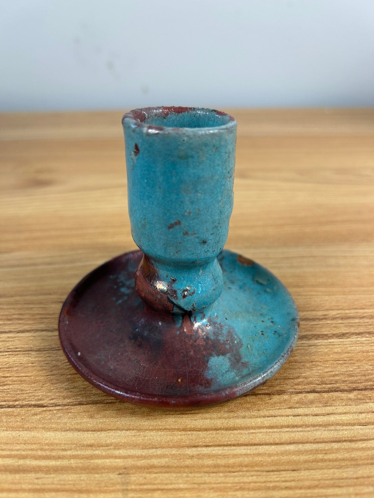 AR Cole North Caroline Art Pottery Turquoise & Red Candle Holder Pewabic Style Glaze