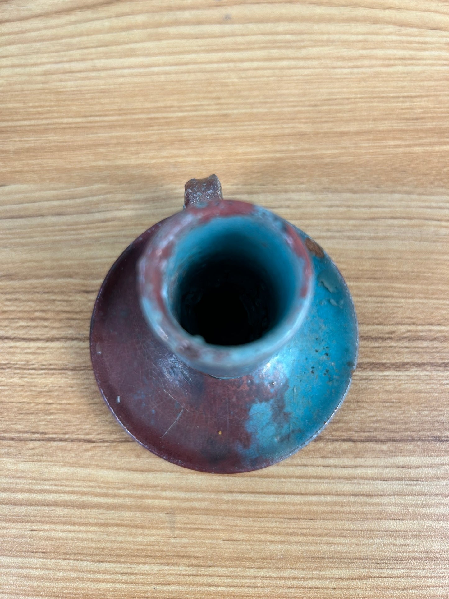 AR Cole North Caroline Art Pottery Turquoise & Red Candle Holder Pewabic Style Glaze