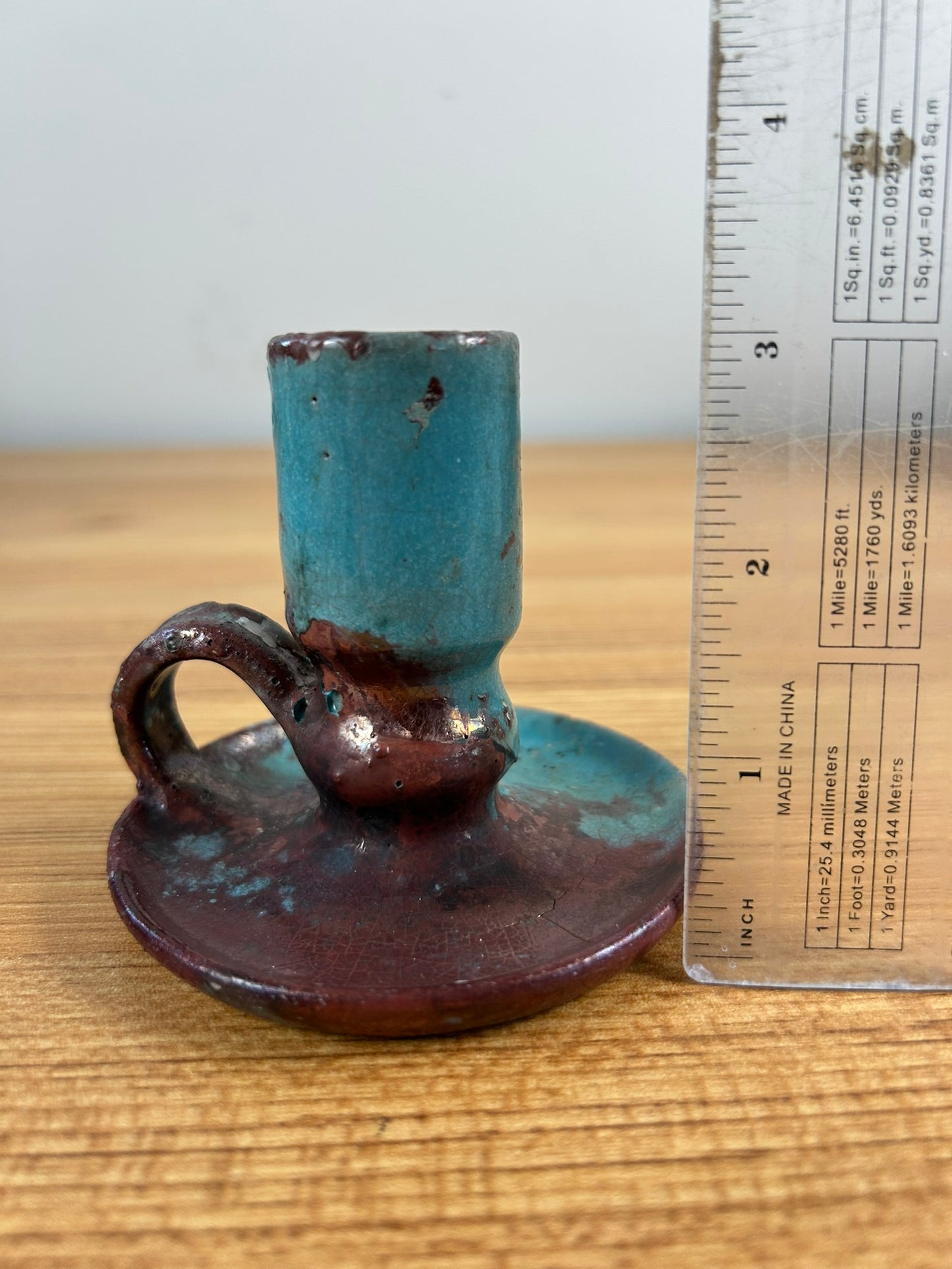 AR Cole North Caroline Art Pottery Turquoise & Red Candle Holder Pewabic Style Glaze