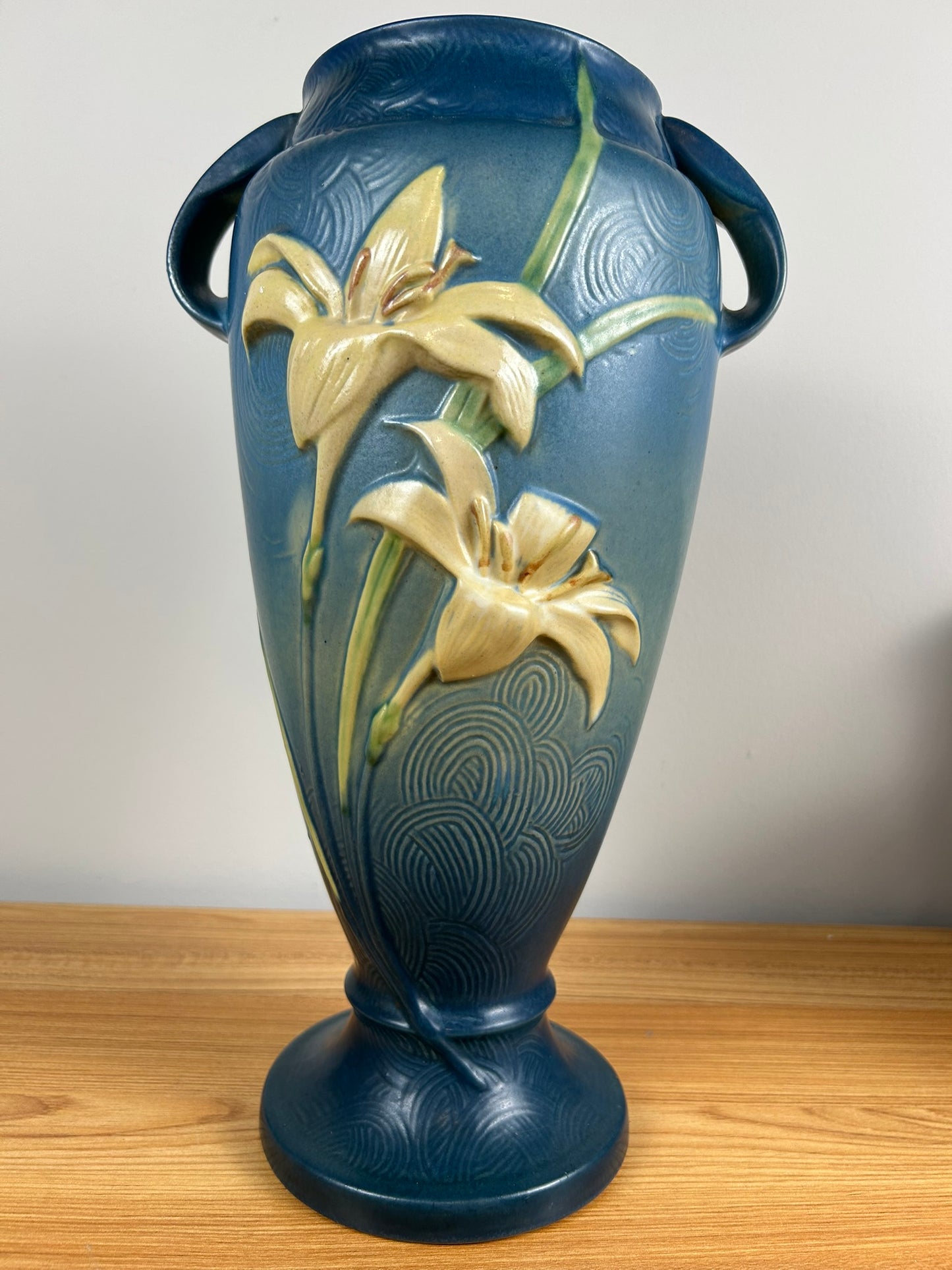 Roseville Vintage Art Pottery Zephyr Lily Handled Vase, 141-15, Bermuda Blue