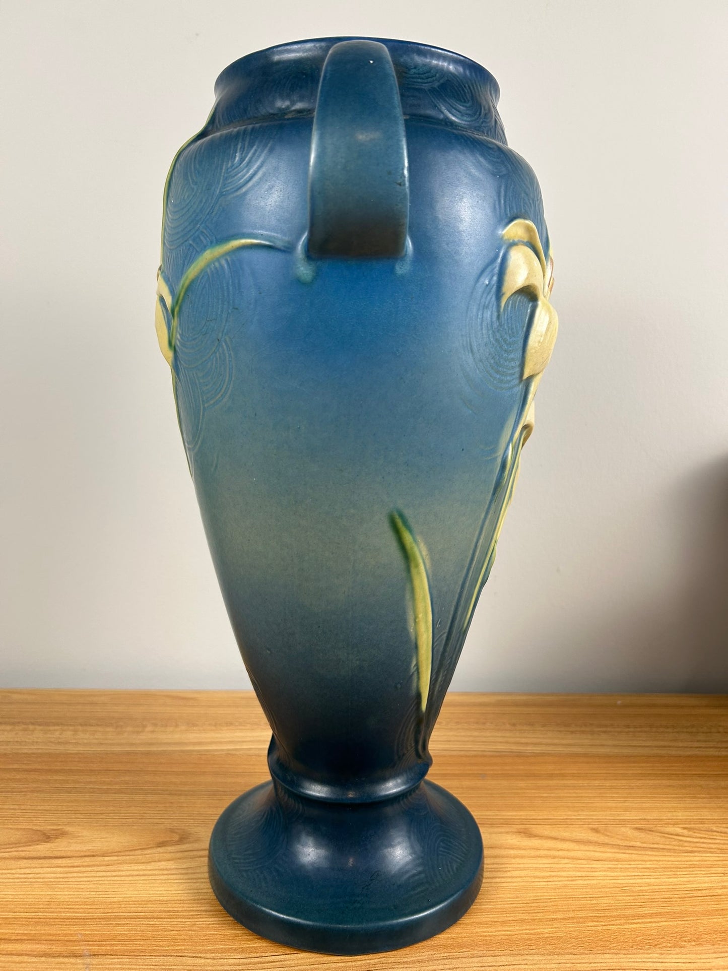 Roseville Vintage Art Pottery Zephyr Lily Handled Vase, 141-15, Bermuda Blue