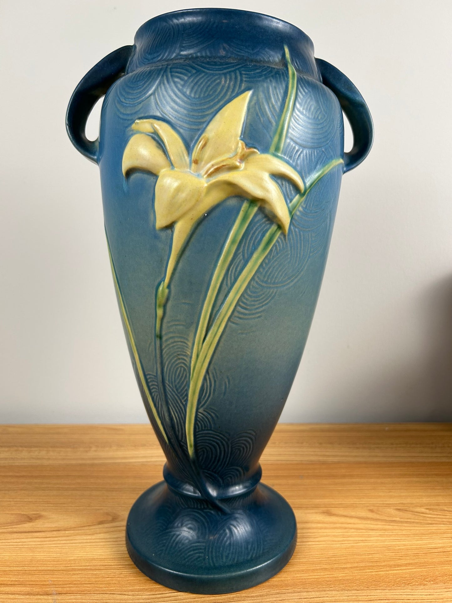 Roseville Vintage Art Pottery Zephyr Lily Handled Vase, 141-15, Bermuda Blue