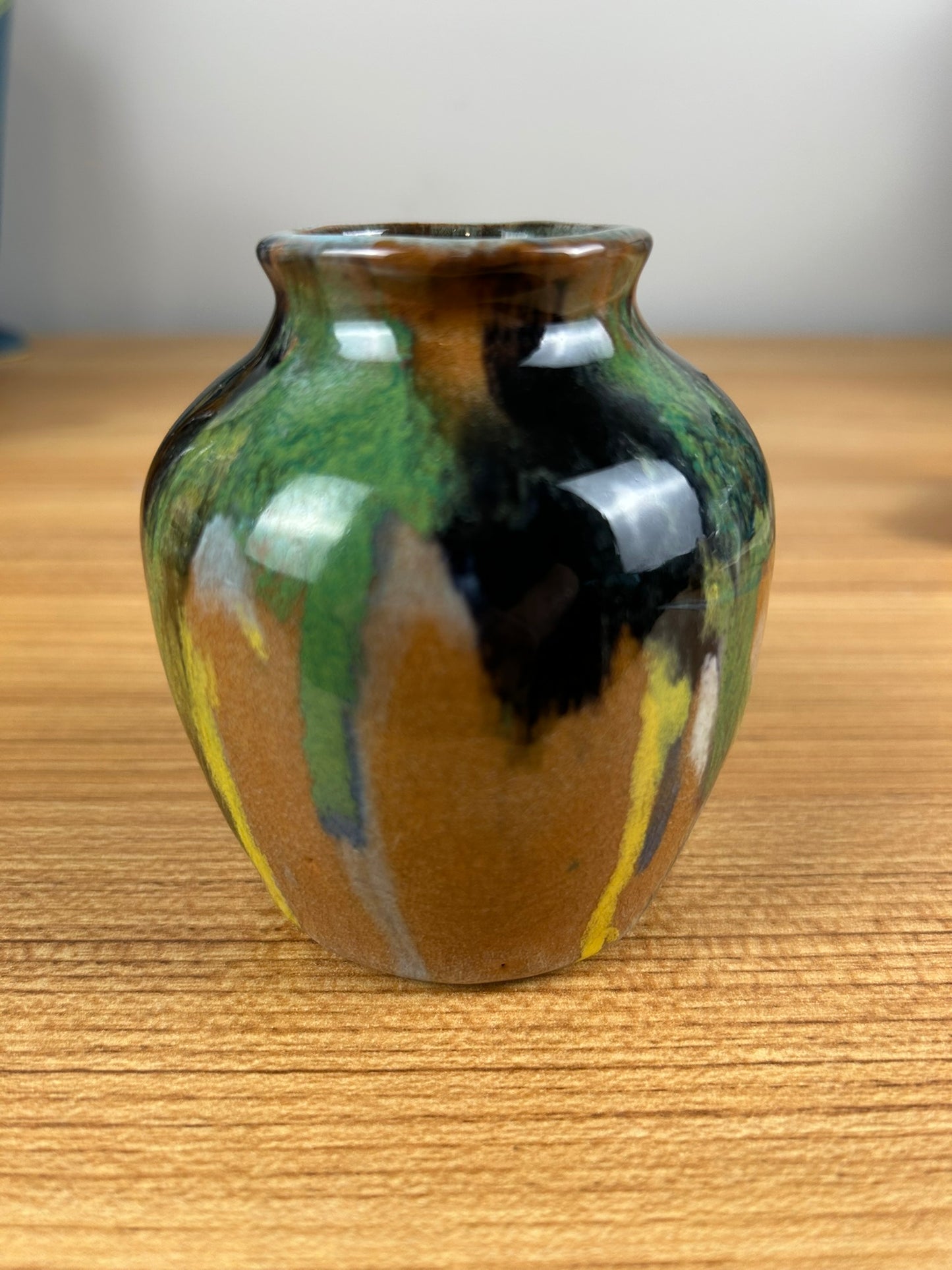 Belgium Style Art Deco Black Green Drip Glaze Cabinet Vase Signed