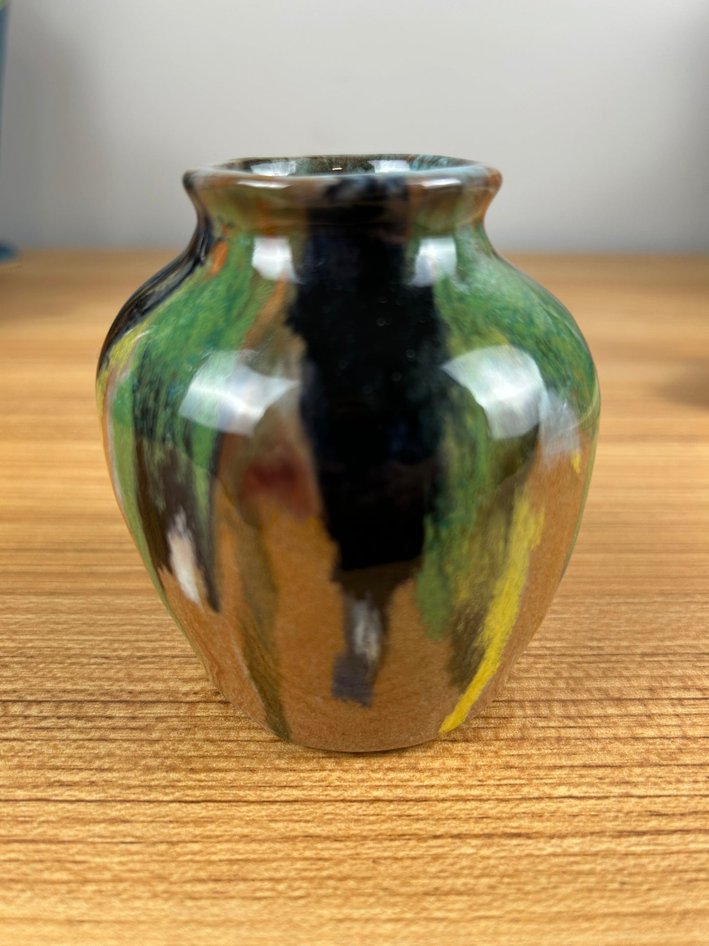 Belgium Style Art Deco Black Green Drip Glaze Cabinet Vase Signed