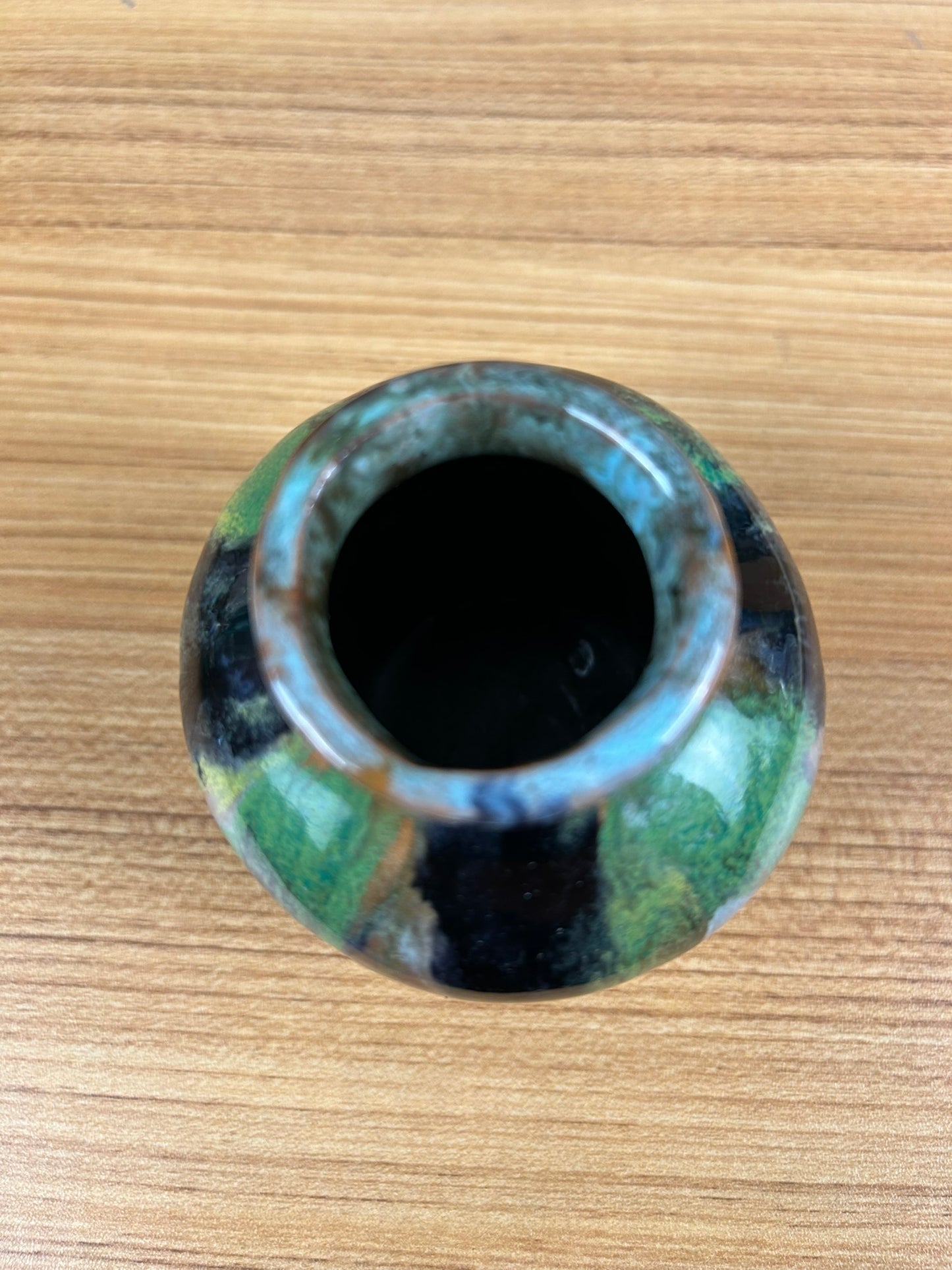 Belgium Style Art Deco Black Green Drip Glaze Cabinet Vase Signed
