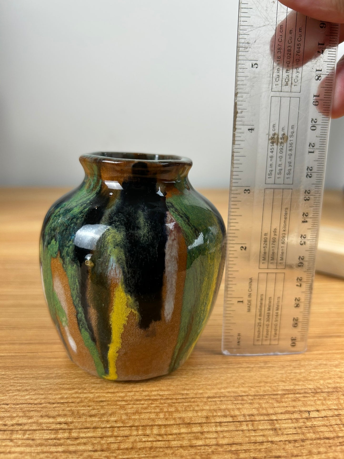 Belgium Style Art Deco Black Green Drip Glaze Cabinet Vase Signed