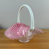 Fenton 1942-1948 Peach Crest Melon Basket With Solid White Handle Ruffled Rim Art Glass