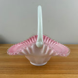 Fenton 1942-1948 Peach Crest Melon Basket With Solid White Handle Ruffled Rim Art Glass