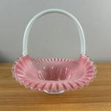 Fenton 1942-1948 Peach Crest Melon Basket With Solid White Handle Ruffled Rim Art Glass