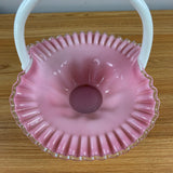Fenton 1942-1948 Peach Crest Melon Basket With Solid White Handle Ruffled Rim Art Glass