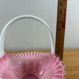 Fenton 1942-1948 Peach Crest Melon Basket With Solid White Handle Ruffled Rim Art Glass