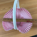Fenton 1942-1948 Peach Crest Melon Basket With Solid White Handle Ruffled Rim Art Glass
