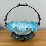 Late 1800s Silver Plate Berry Decorated Framed Blue White Art Glass Brides Basket