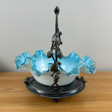 Late 1800s Silver Plate Berry Decorated Framed Blue White Art Glass Brides Basket