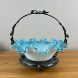 Late 1800s Silver Plate Berry Decorated Framed Blue White Art Glass Brides Basket