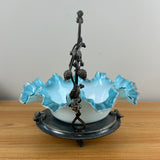 Late 1800s Silver Plate Berry Decorated Framed Blue White Art Glass Brides Basket