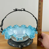 Late 1800s Silver Plate Berry Decorated Framed Blue White Art Glass Brides Basket