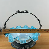 Late 1800s Silver Plate Berry Decorated Framed Blue White Art Glass Brides Basket