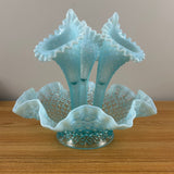 Fenton 1950s Art Glass Sea Blue Opalescent Hobnail Diamond Lace 3 Horn Epergne