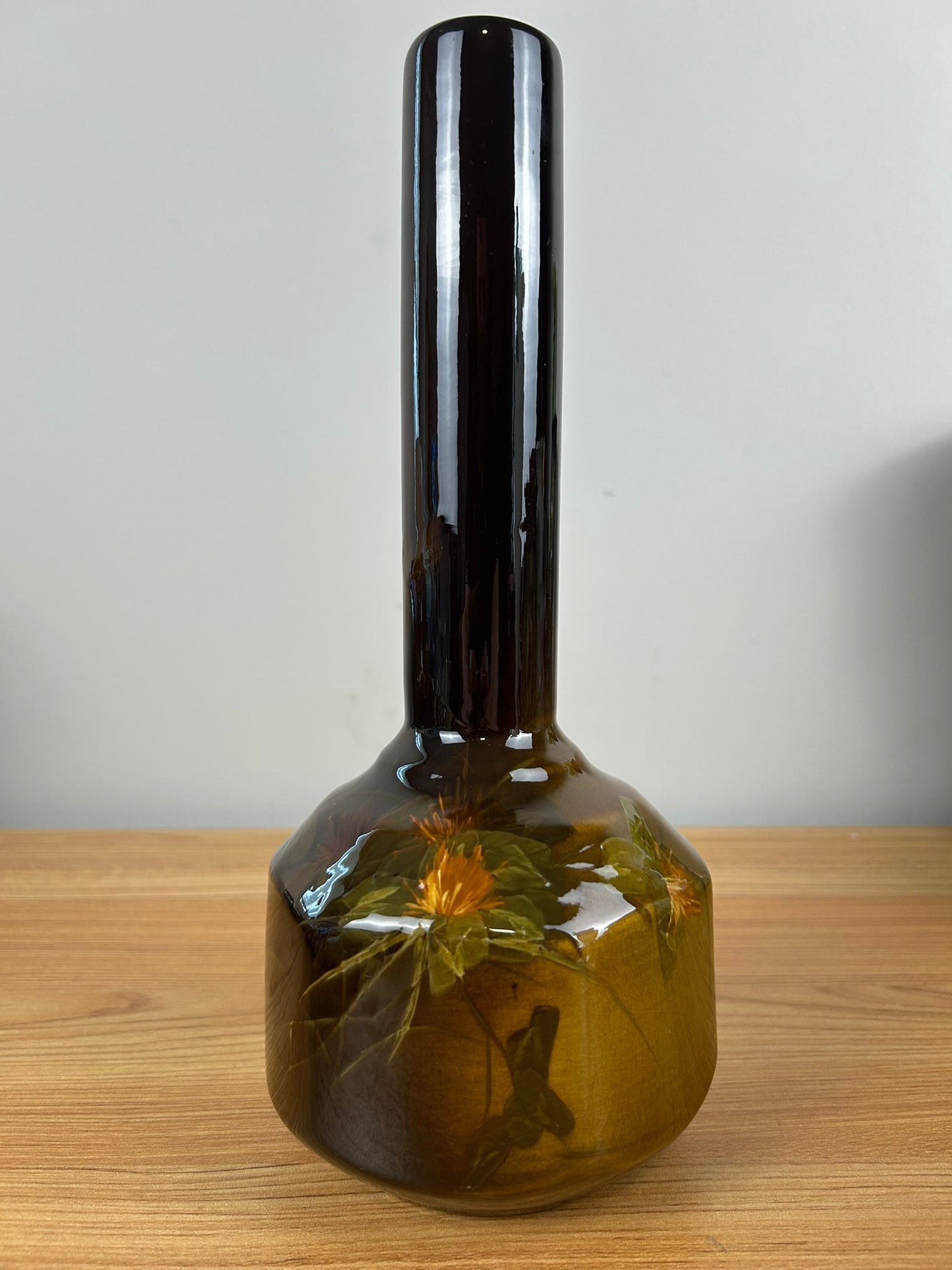 JB Owens Utopian Standard Glaze Bulbous Hexagon Base Vase With Skinny Neck.