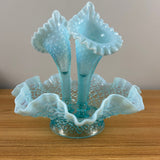 Fenton 1950s Art Glass Sea Blue Opalescent Hobnail Diamond Lace 3 Horn Epergne